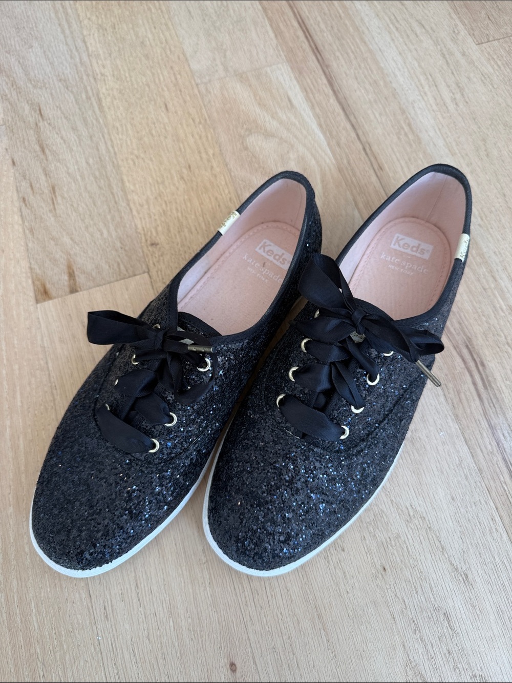 Keds/Kate Spade Black Glitter Sneakers with Satin Ribbon Laces - NWOT
